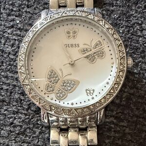 Guess Women's Silver Watch with Butterfly Accents